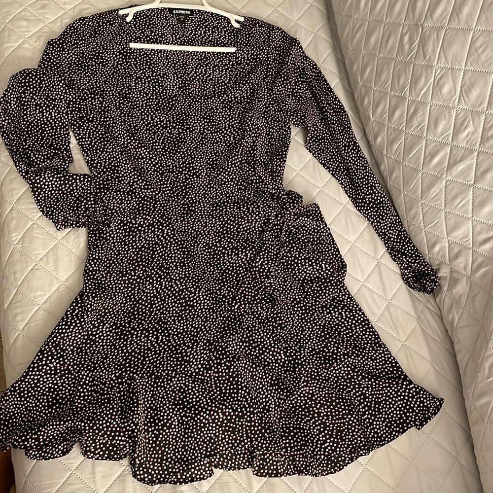 Long sleeve, faux wrap dress